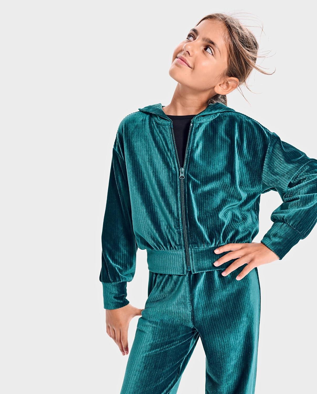 imageThe Childrens Place girls Long Sleeve Hooded Fleece Full Zip UpRainforest Velour Rib