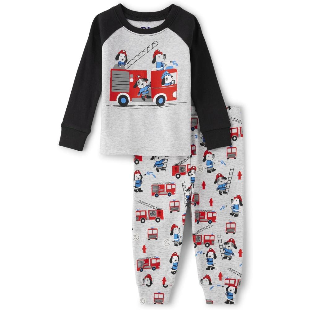 imageThe Childrens Place Baby Boys Fire Dogs Long Sleeve Top and Pants Snug Fit 100 Cotton 2 Piece Pajama SetFire Truck Dogs