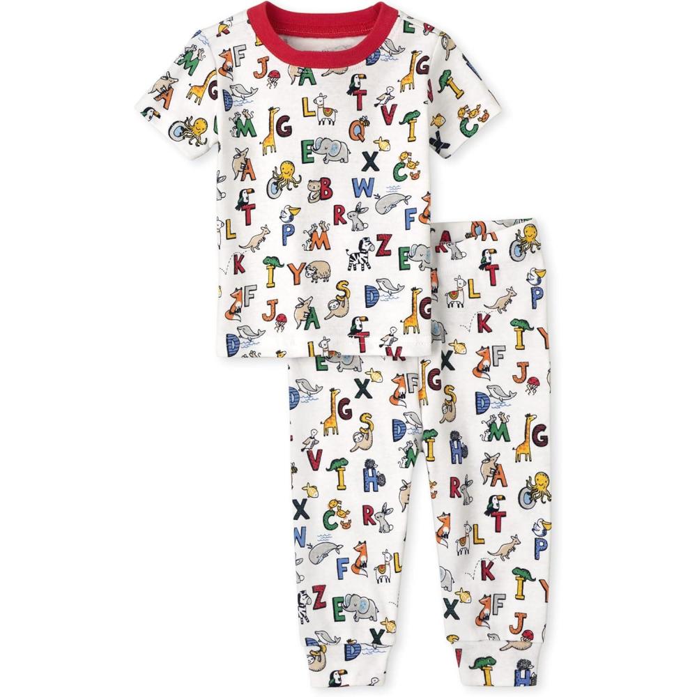 imageThe Childrens Place Baby Boys Snug Fit 100 Cotton Short Sleeve Top and Pants 2 Piece Pajama SetCute Letters