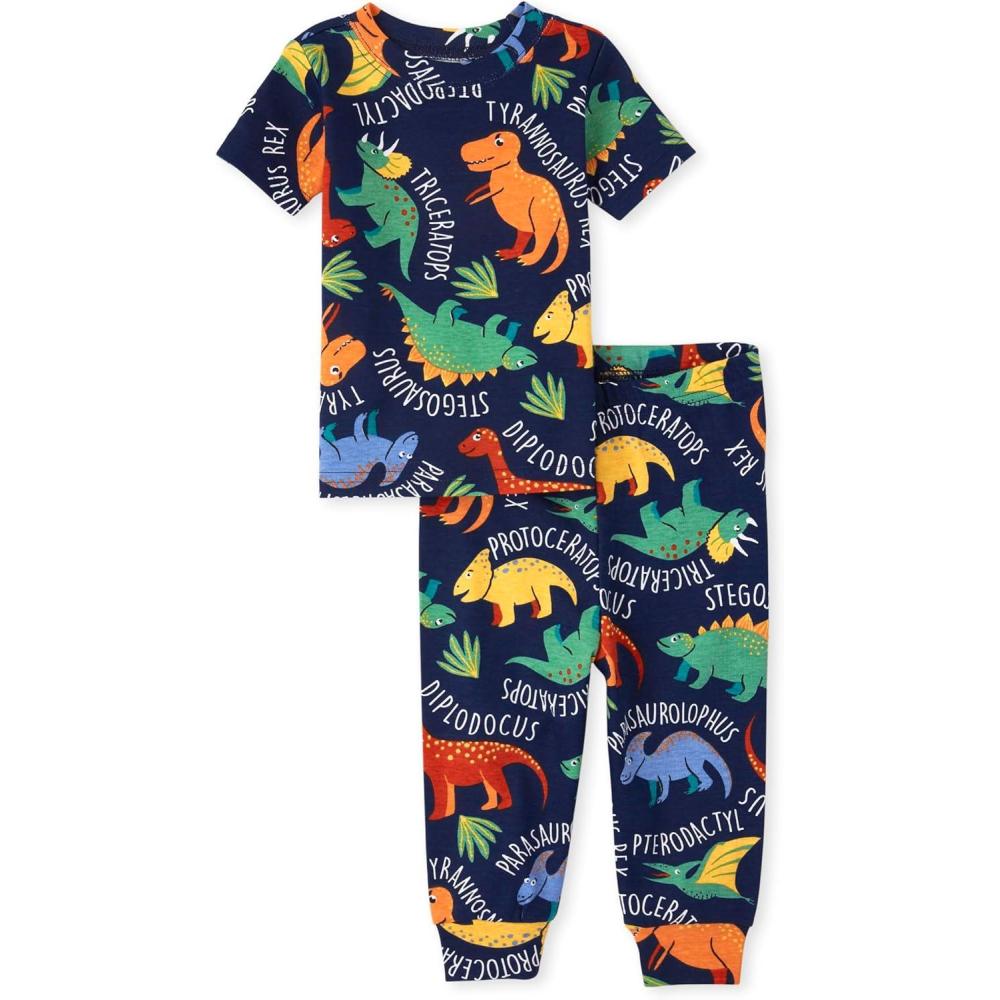 imageThe Childrens Place Baby Boys Snug Fit 100 Cotton Short Sleeve Top and Pants 2 Piece Pajama SetSmart Dinos