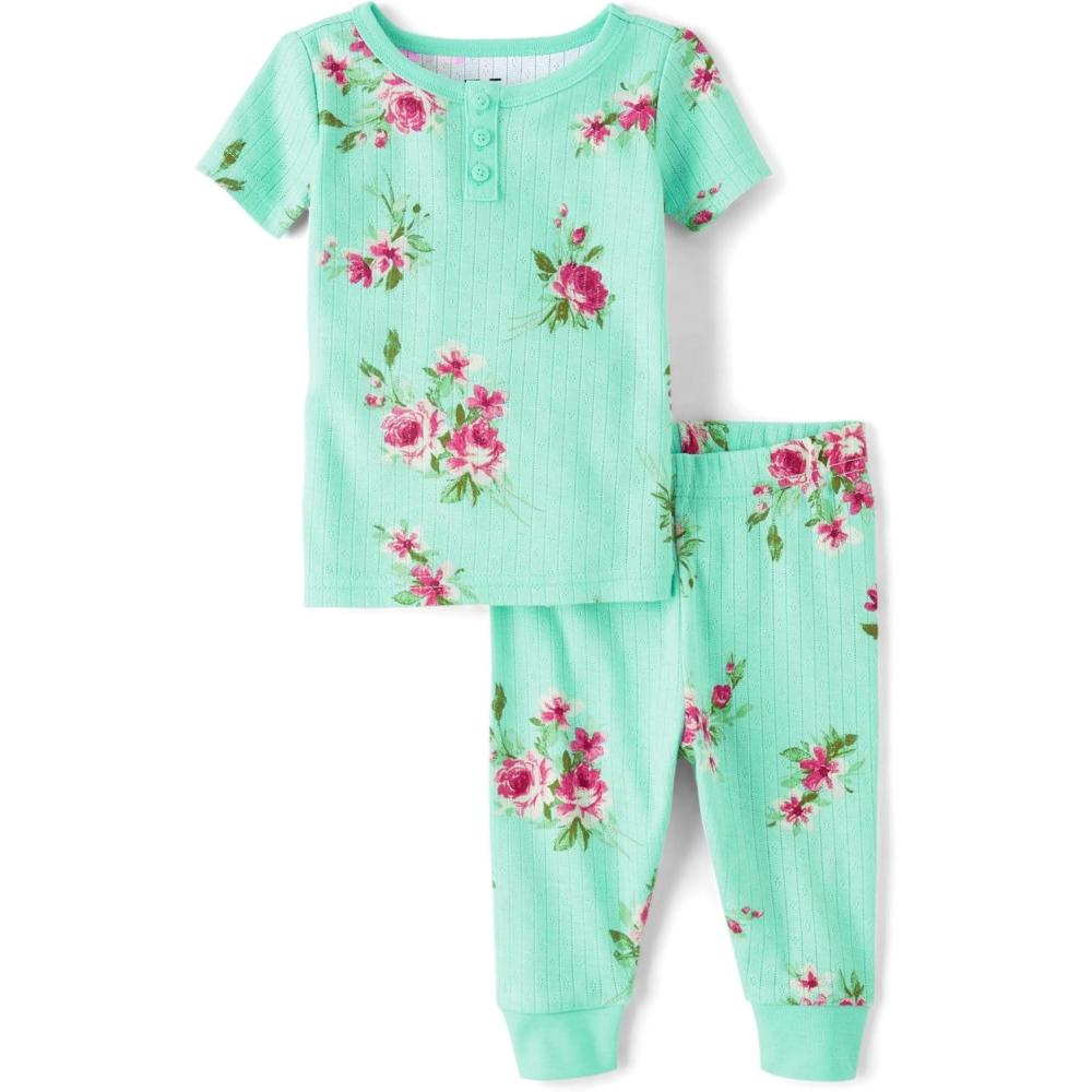 imageThe Childrens Place Baby Girls And Toddler Short Sleeve Top and Pants Snug Fit 100 Cotton 2 Piece Pajama SetMint Floral