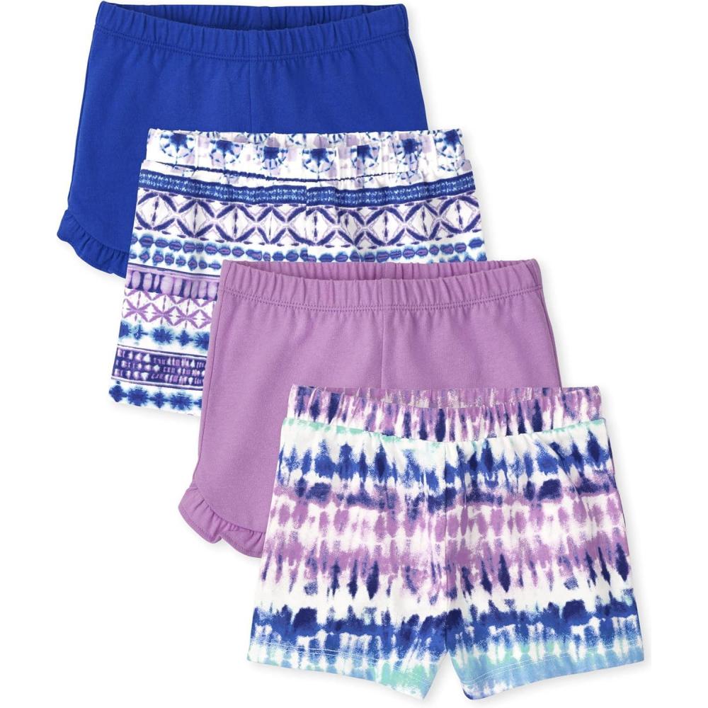 imageThe Childrens Place Baby Girls and Toddler Assorted Knit ShortsPatterned Azureous Frozen Dye Electric Violet 4pack