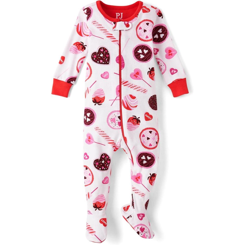 imageThe Childrens Place Baby Girls and Toddler Long Sleeve 100 Cotton ZipFront One Piece Footed PajamaVday Candy