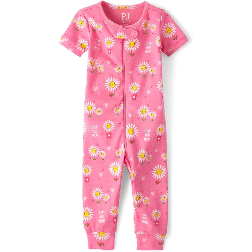 imageThe Childrens Place Baby Girls and Toddler Snug Fit 100 Cotton Short Sleeve ZipFront One Piece Footless PajamaDaisy Pink