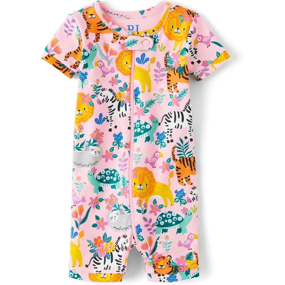imageThe Childrens Place Baby Girls and Toddler Snug Fit 100 Cotton Short Sleeve ZipFront One Piece Footless PajamaSs Jungle Pink