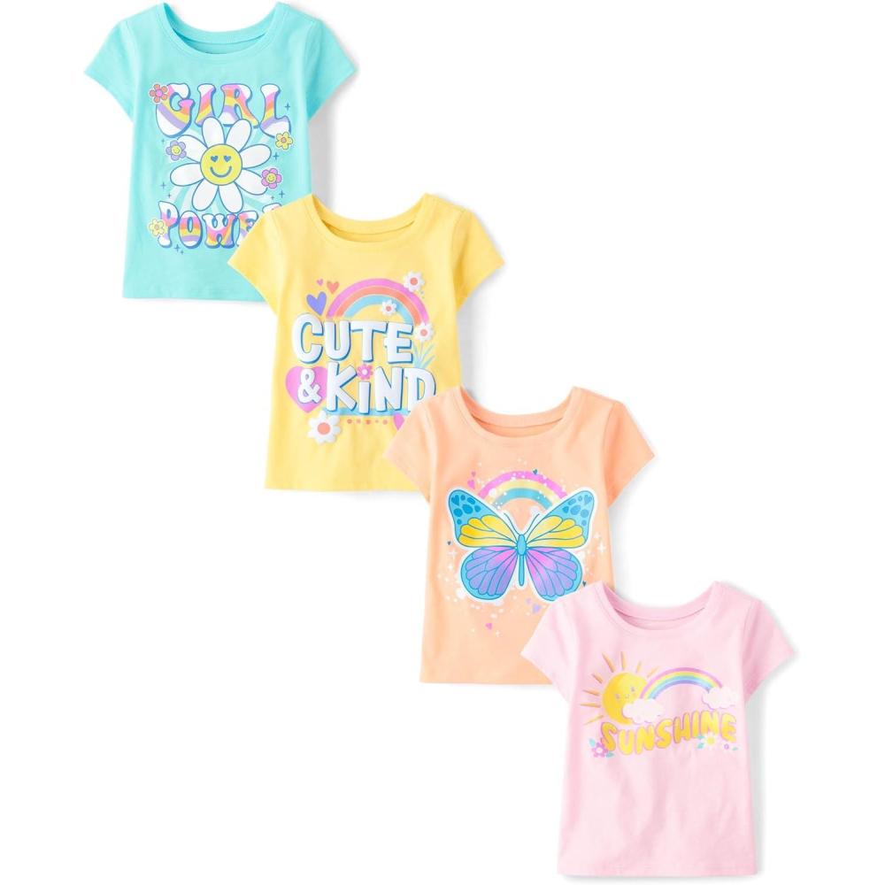 imageThe Childrens Place Baby Girls and Toddler UnicornsButterfliesTrends Short Sleeve Graphic TShirts4 PackPowerKindButterflySunshine