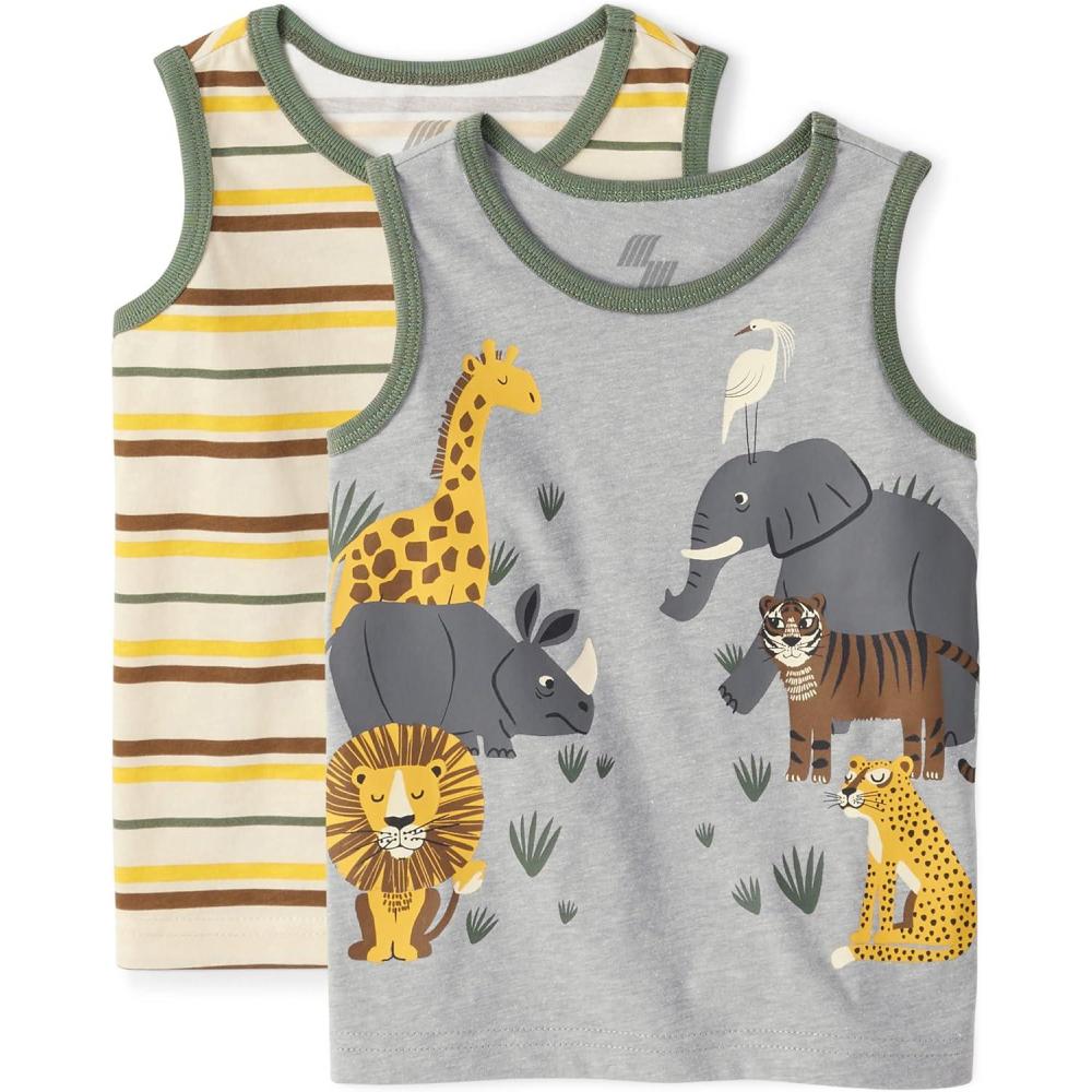 imageThe Childrens Place Baby Toddler Boys Graphic Tank Tops 2 PackGreen Multi StripeSafari Animals