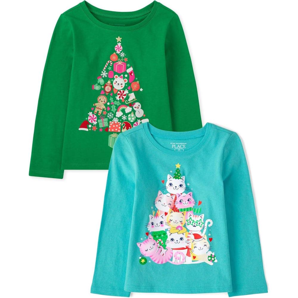 imageThe Childrens Place Baby and Toddler All HolidaysBirthdays Long Sleeve Graphic TShirts2 PackHoliday TreeCat Holiday Tree
