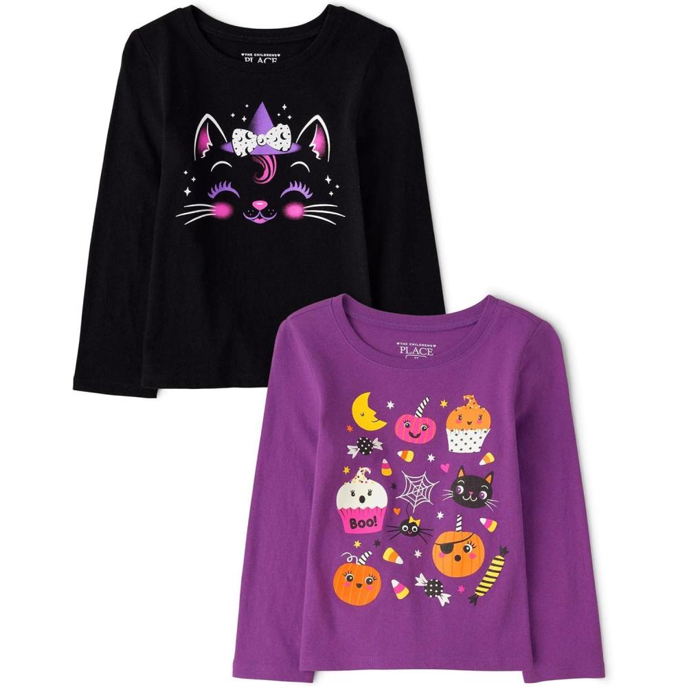 imageThe Childrens Place Baby and Toddler All HolidaysBirthdays Long Sleeve Graphic TShirts2 PackWitch CatSpooky Doodle
