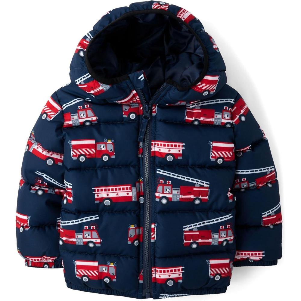 imageThe Childrens Place Baby and Toddler Boys Medium Weight WindResistant WaterResistant Puffer JacketBlue Firetrucks