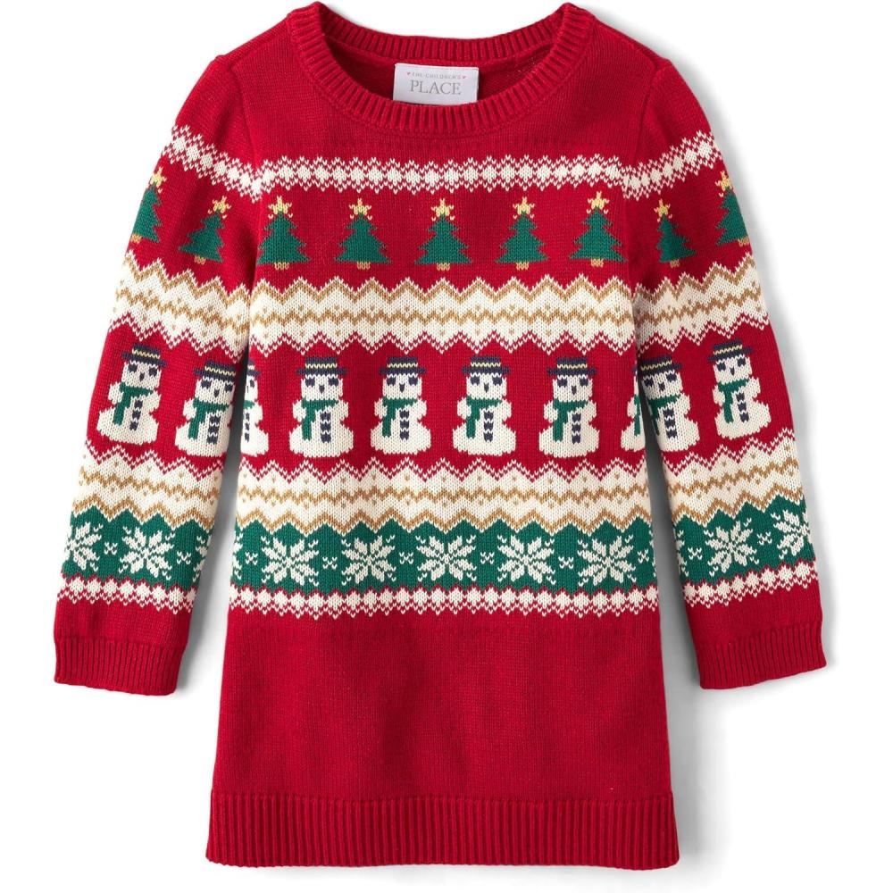 imageThe Childrens Place Baby and Toddler Girls Long Sleeve Sweater DressClassic Red Fairisle
