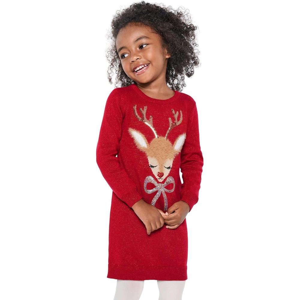 imageThe Childrens Place Baby and Toddler Girls Long Sleeve Sweater DressRed Reindeer