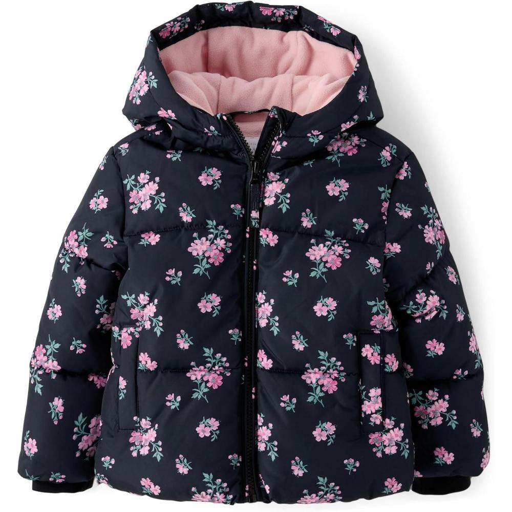 imageThe Childrens Place Baby and Toddler Girls Medium Weight WindResistant WaterResistant Puffer JacketBlack Floral