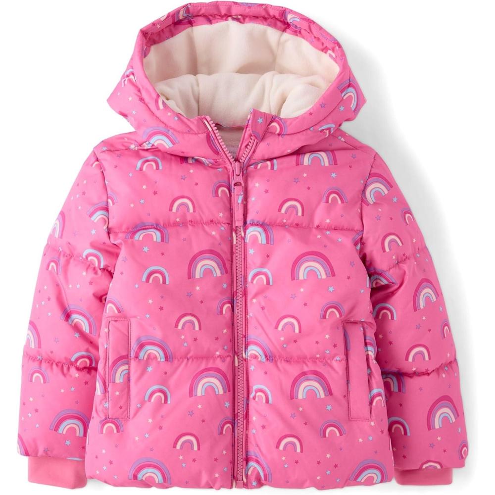 imageThe Childrens Place Baby and Toddler Girls Medium Weight WindResistant WaterResistant Puffer JacketJazzberry Rainbows