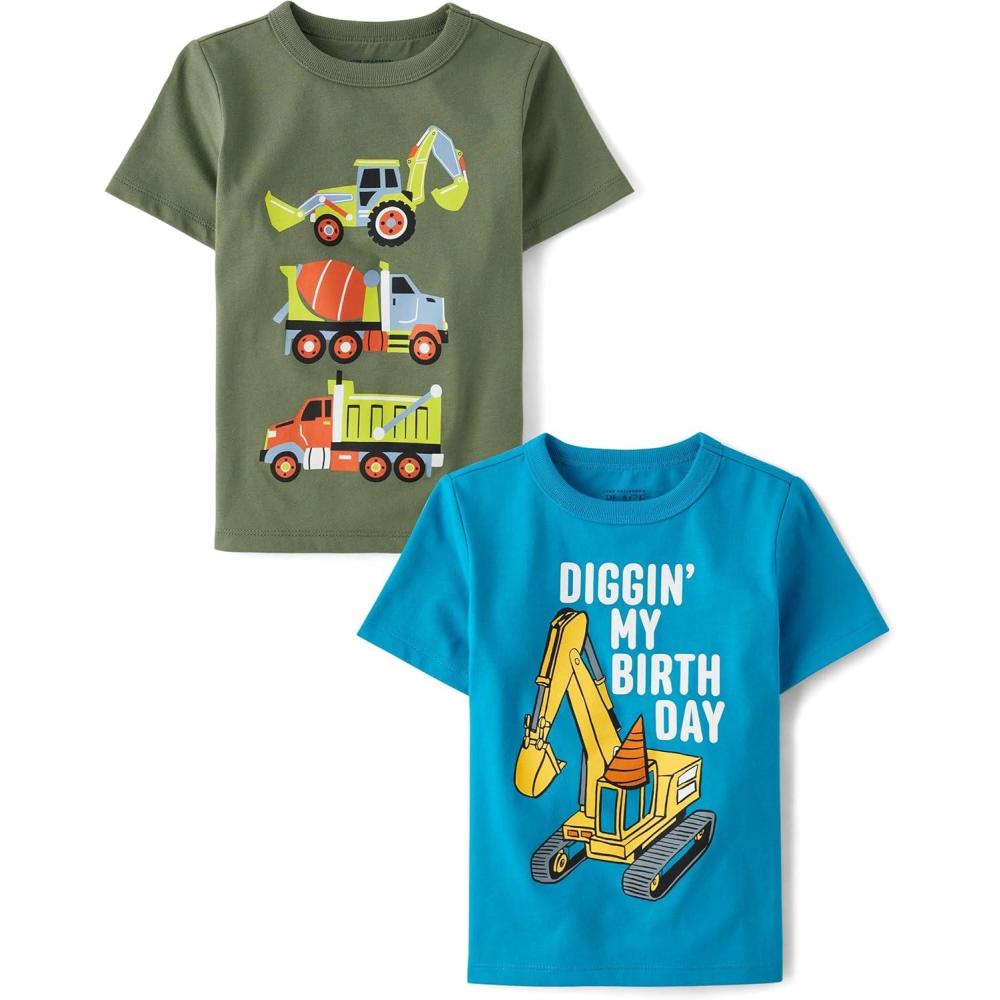 imageThe Childrens Place BabyBoys and Toddler All HolidaysBirthdays Short Sleeve Graphic TShirts2 PackDiggin My BirthdayConstruction