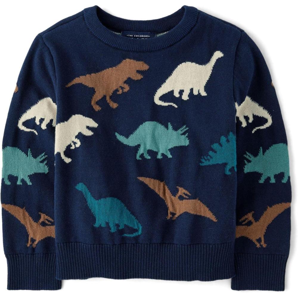 imageThe Childrens Place BabyBoys and Toddler Long Sleeve Crew Neck Pullover SweaterNavy Dino Print