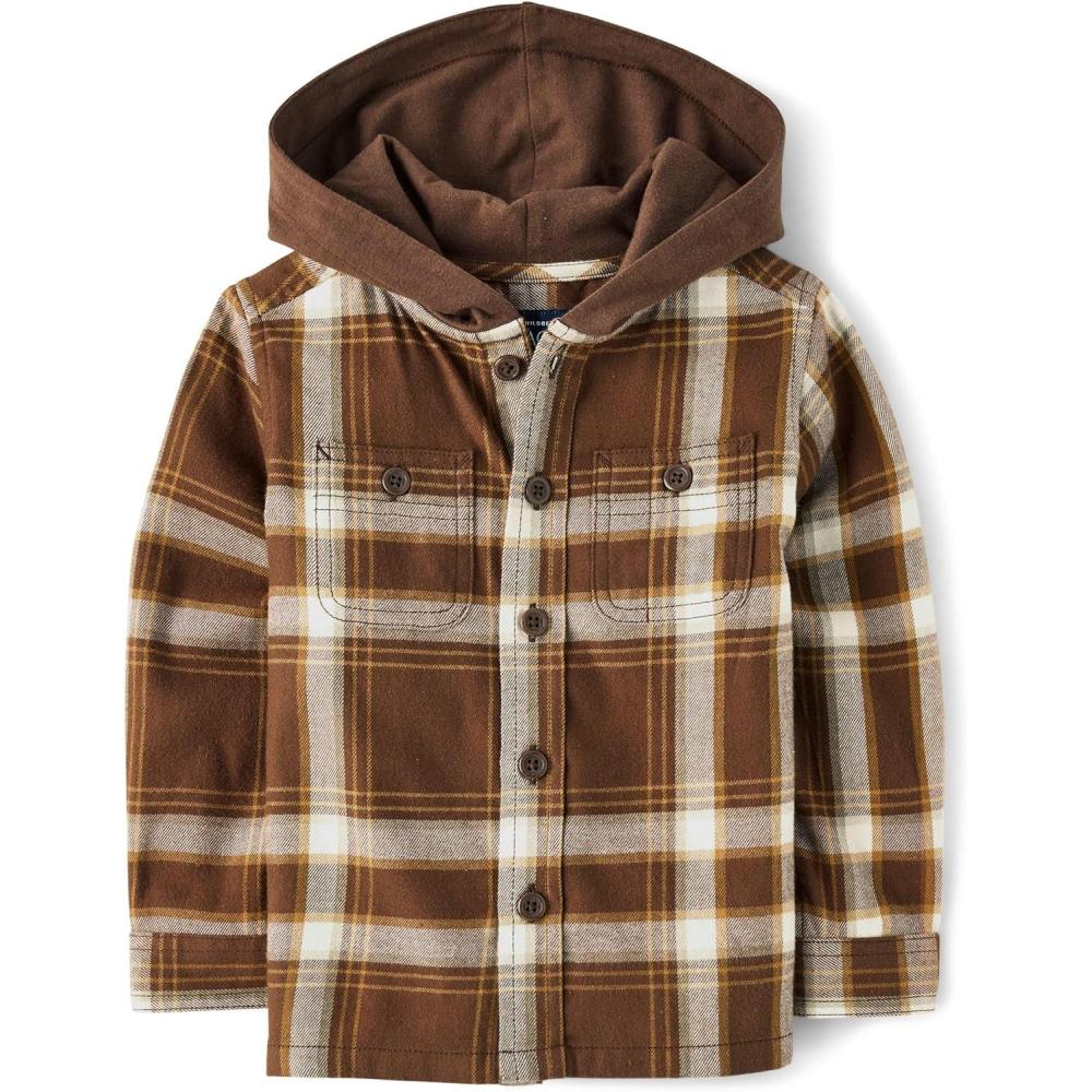 imageThe Childrens Place BabyBoys and Toddler Long Sleeve Hooded Flannel Button Up ShirtDark Earth
