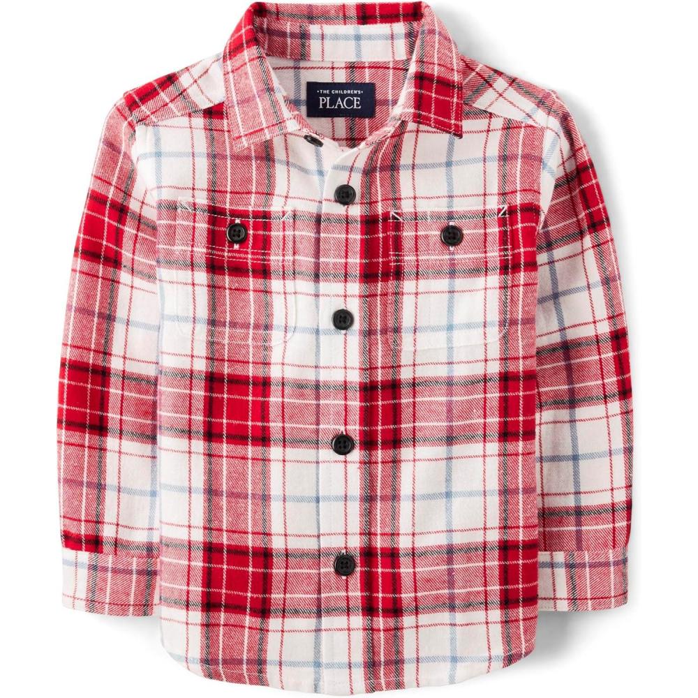 imageThe Childrens Place BabyBoys and Toddler Long Sleeve Plaid Flannel Button Up ShirtRed Cane Plaid