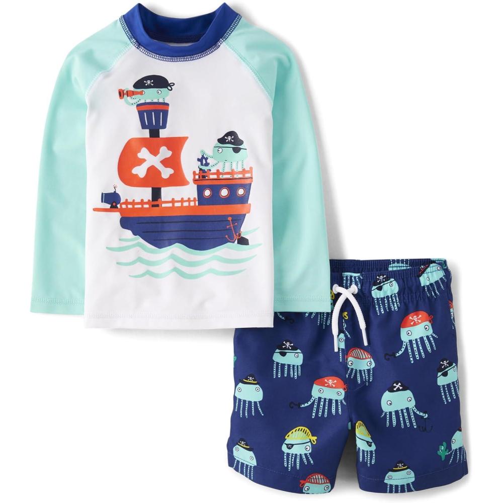 imageThe Childrens Place BabyBoys and Toddler Long Sleeve Rashguard and Swim Trunks 2 Piece SetPirate Octopus