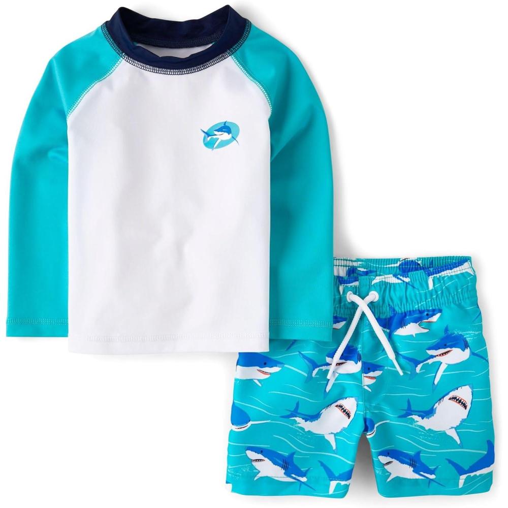 imageThe Childrens Place BabyBoys and Toddler Long Sleeve Rashguard and Swim Trunks 2 Piece SetSea Sharks