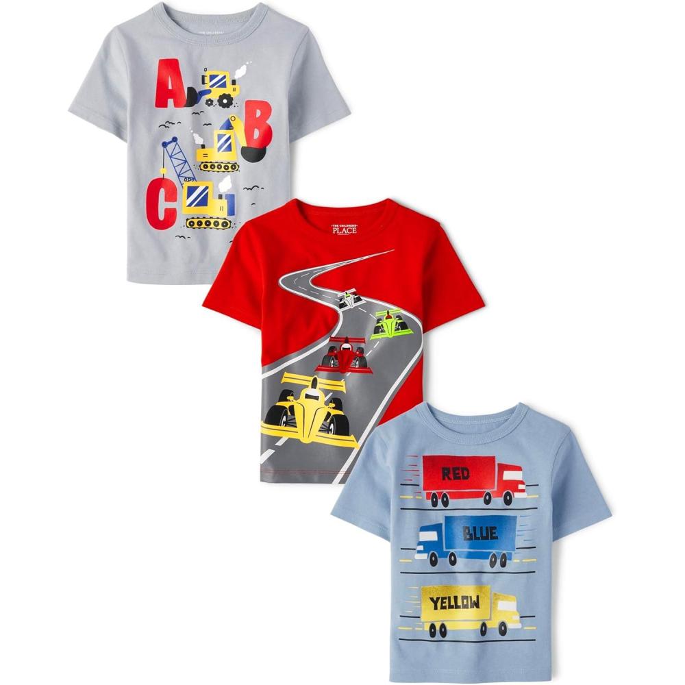 imageThe Childrens Place BabyBoys and Toddler SchoolLearning Short Sleeve Graphic TShirts3 PackAlphabet CarsRacecarTrucks