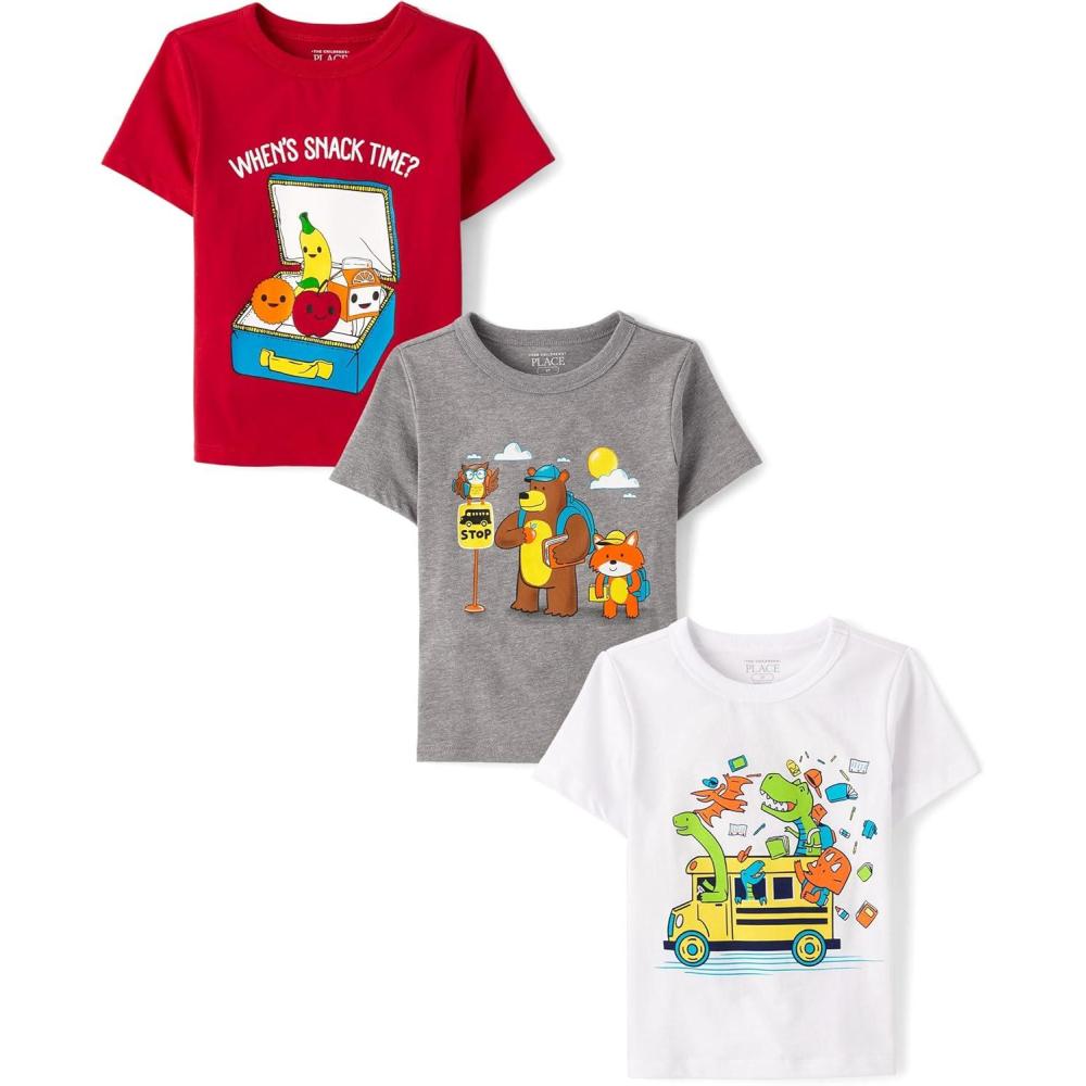 imageThe Childrens Place BabyBoys and Toddler SchoolLearning Short Sleeve Graphic TShirts3 PackSnack TimeAnimalsSchool Bus