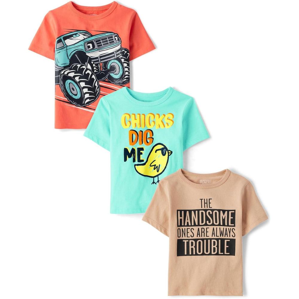 imageThe Childrens Place BabyBoys and Toddler SportsCarsTrucks Short Sleeve Graphic TShirts3 PackChickHandsomeMonster Truck