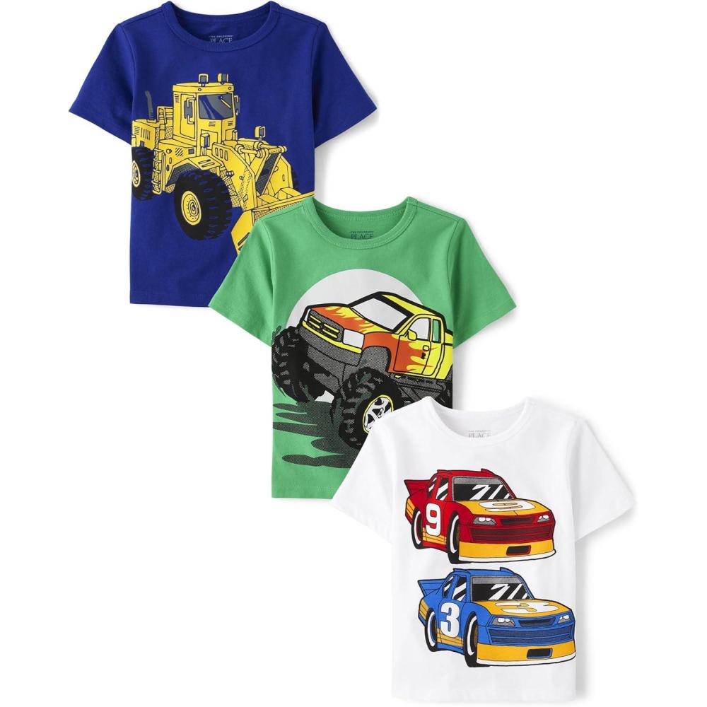 imageThe Childrens Place BabyBoys and Toddler SportsCarsTrucks Short Sleeve Graphic TShirts3 PackConstructionMonster TruckRace Car