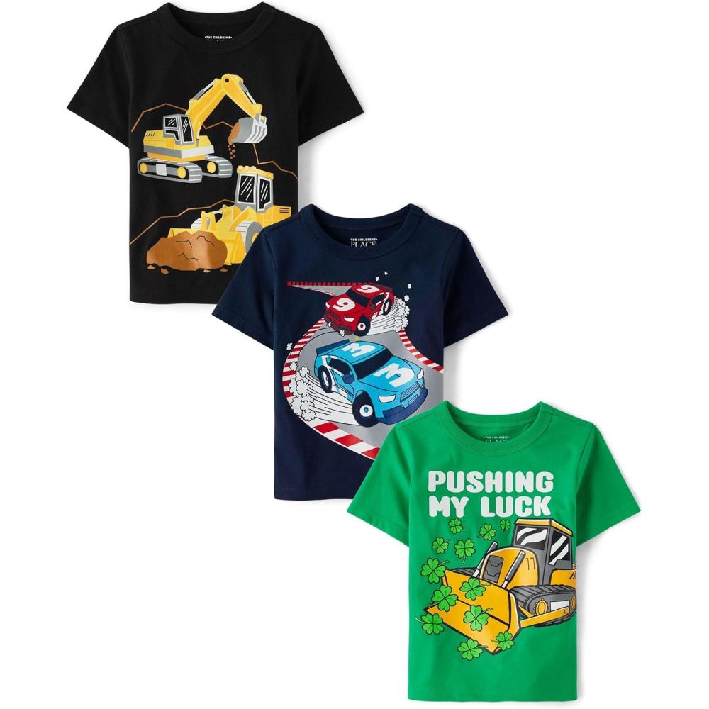 imageThe Childrens Place BabyBoys and Toddler SportsCarsTrucks Short Sleeve Graphic TShirts3 PackExcavatorMy LuckRace Cars