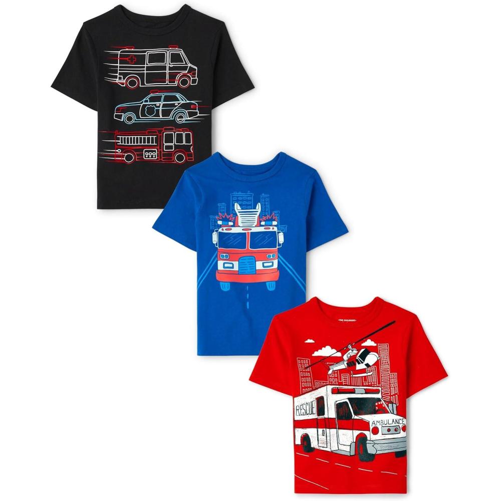 imageThe Childrens Place BabyBoys and Toddler SportsCarsTrucks Short Sleeve Graphic TShirts3 PackFiretuckAmbulanceTrucks