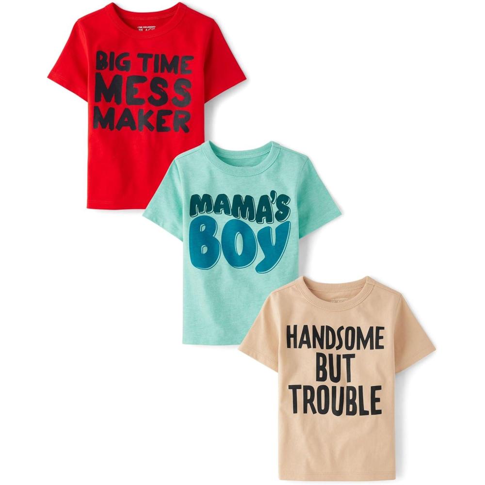 imageThe Childrens Place BabyBoys and Toddler SportsCarsTrucks Short Sleeve Graphic TShirts3 PackHandsomeMess MakerMamas Boy