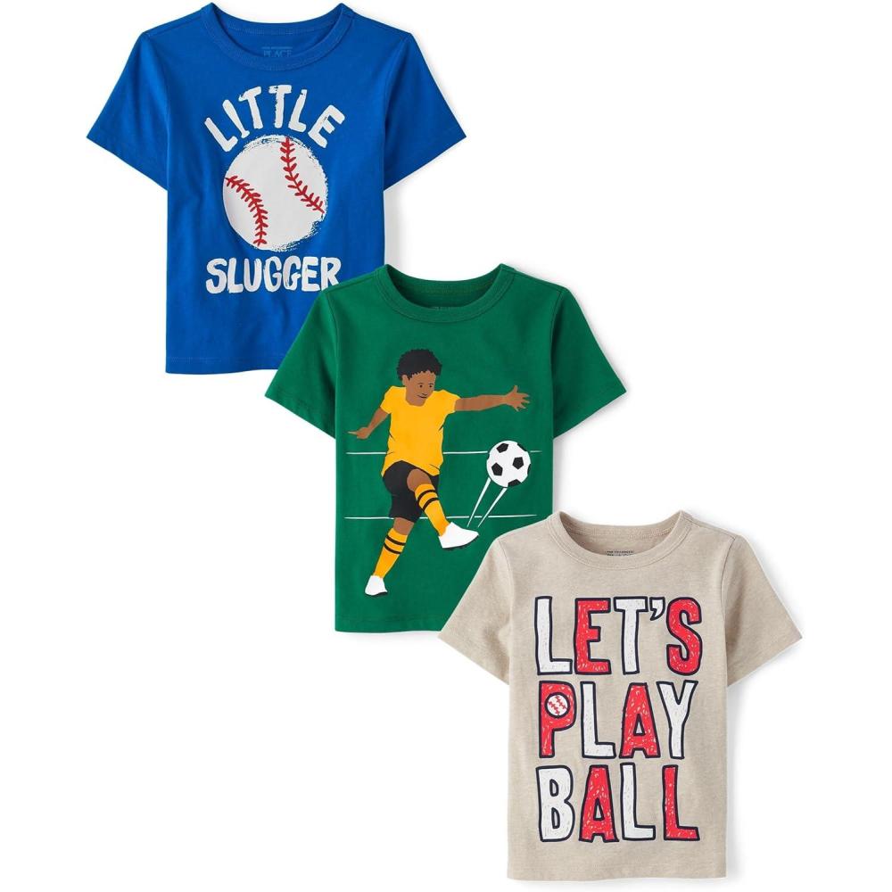 imageThe Childrens Place BabyBoys and Toddler SportsCarsTrucks Short Sleeve Graphic TShirts3 PackLittle SluggerSoccerPlay Ball