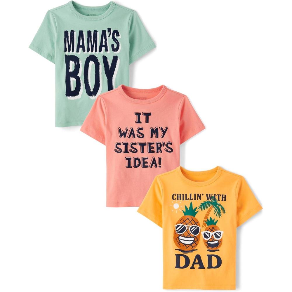 imageThe Childrens Place BabyBoys and Toddler SportsCarsTrucks Short Sleeve Graphic TShirts3 PackMamas BoySisters IdeaChillin Dad