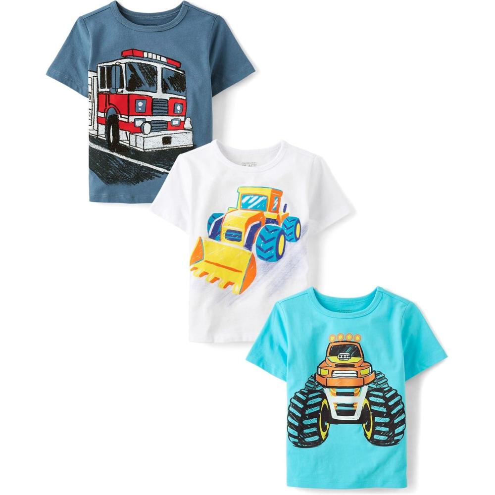 imageThe Childrens Place BabyBoys and Toddler SportsCarsTrucks Short Sleeve Graphic TShirts3 PackMonster TruckTractorFire Truck