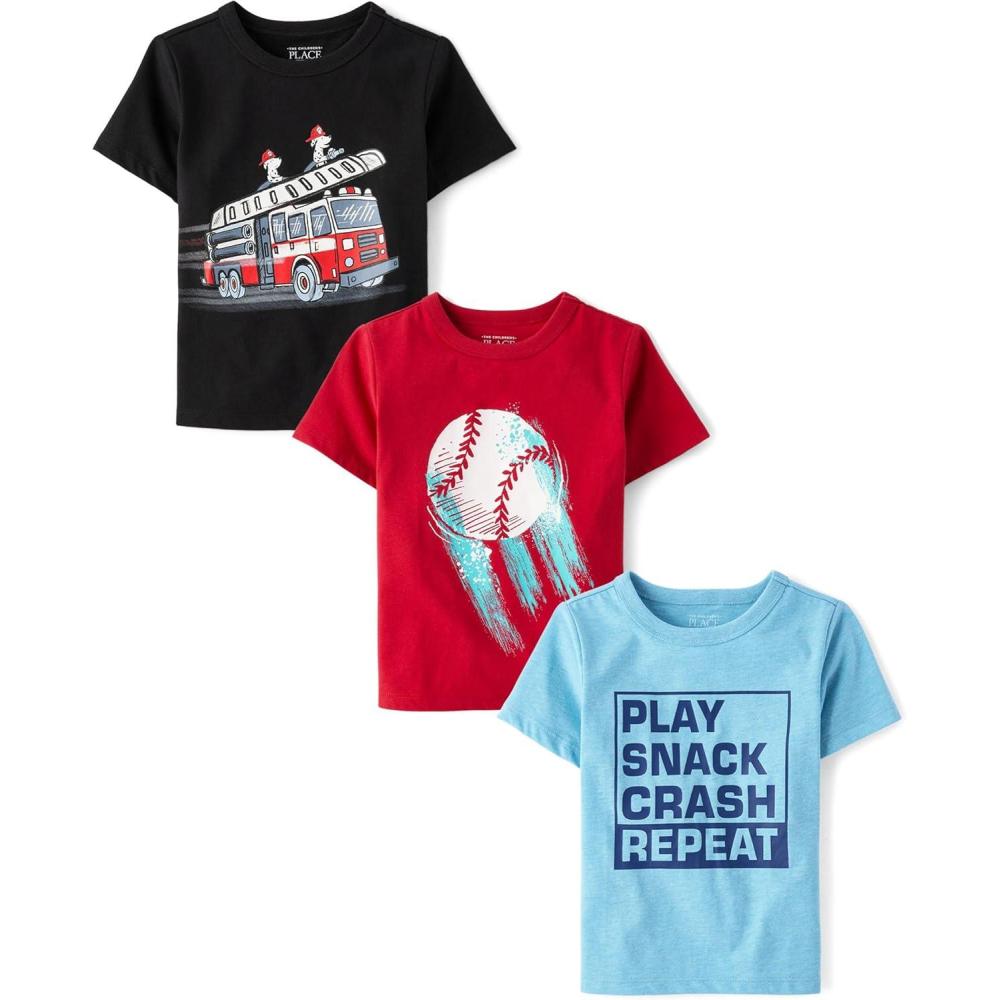 imageThe Childrens Place BabyBoys and Toddler SportsCarsTrucks Short Sleeve Graphic TShirts3 PackPlay RepeatFire TruckBaseball