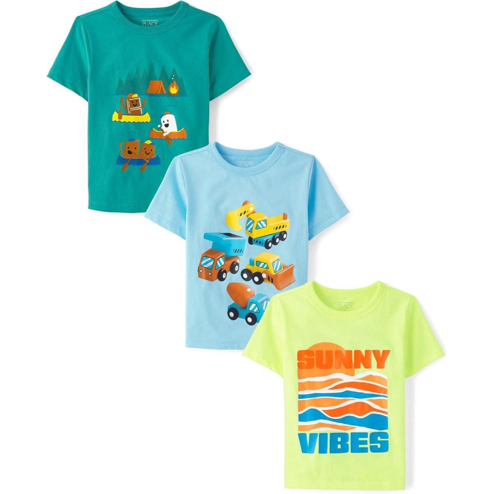 imageThe Childrens Place BabyBoys and Toddler SportsCarsTrucks Short Sleeve Graphic TShirts3 PackSunny VibesCampTrucks