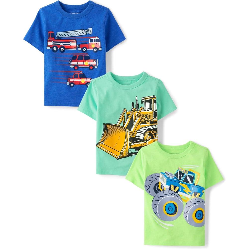 imageThe Childrens Place BabyBoys and Toddler SportsCarsTrucks Short Sleeve Graphic TShirts3 PackTruckMonster TruckFire Vehicles