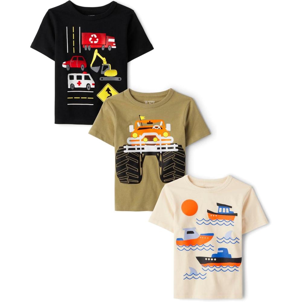 imageThe Childrens Place BabyBoys and Toddler SportsCarsTrucks Short Sleeve Graphic TShirts3 PackVechiclesTruckBoats 3pack