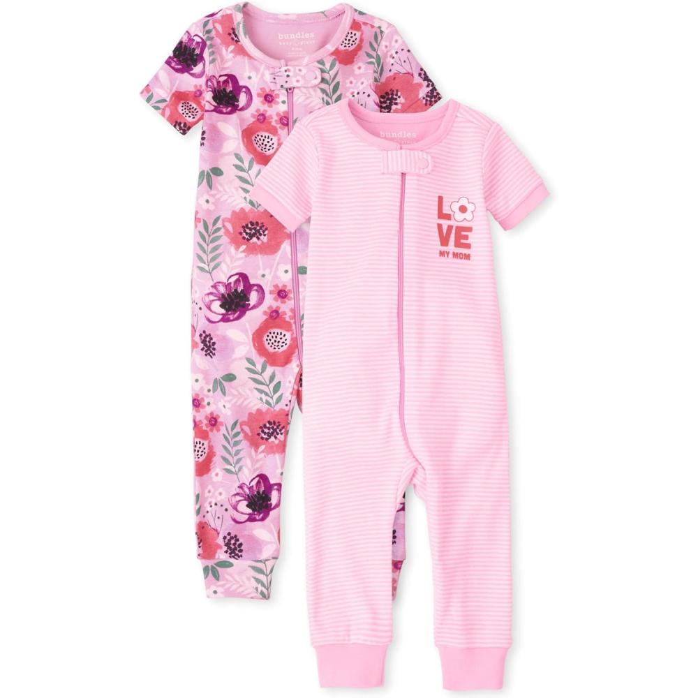 imageThe Childrens Place BabyGirls Love Mom Floral Snug Fit Cotton Zip Front One Piece Footed Pajama 2 PackTiara Pink
