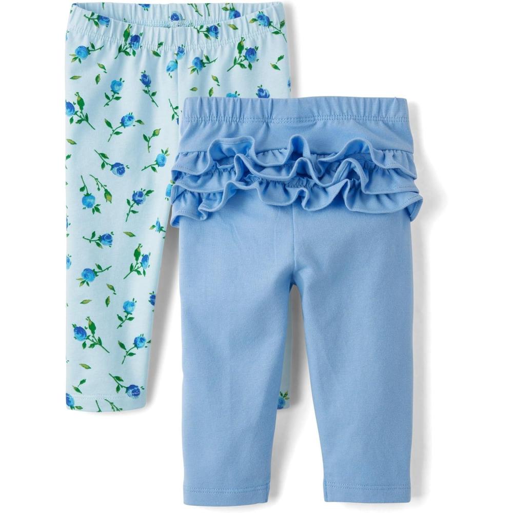 imageThe Childrens Place BabyGirls and Newborn Pull on PantsBlue FloralBlue Ruffle 2pack