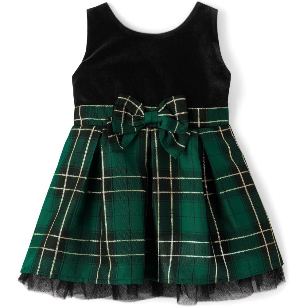 imageThe Childrens Place BabyGirls and Toddler Dressy Dress Short SleeveSpruceshad Plaid Velour