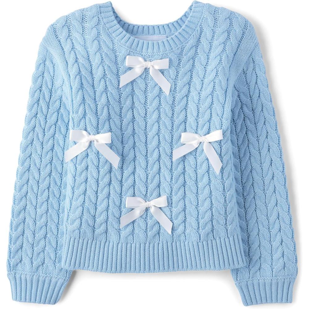 imageThe Childrens Place BabyGirls and Toddler Long Sleeve Crew Neck Pullover SweaterParty Blue Bows