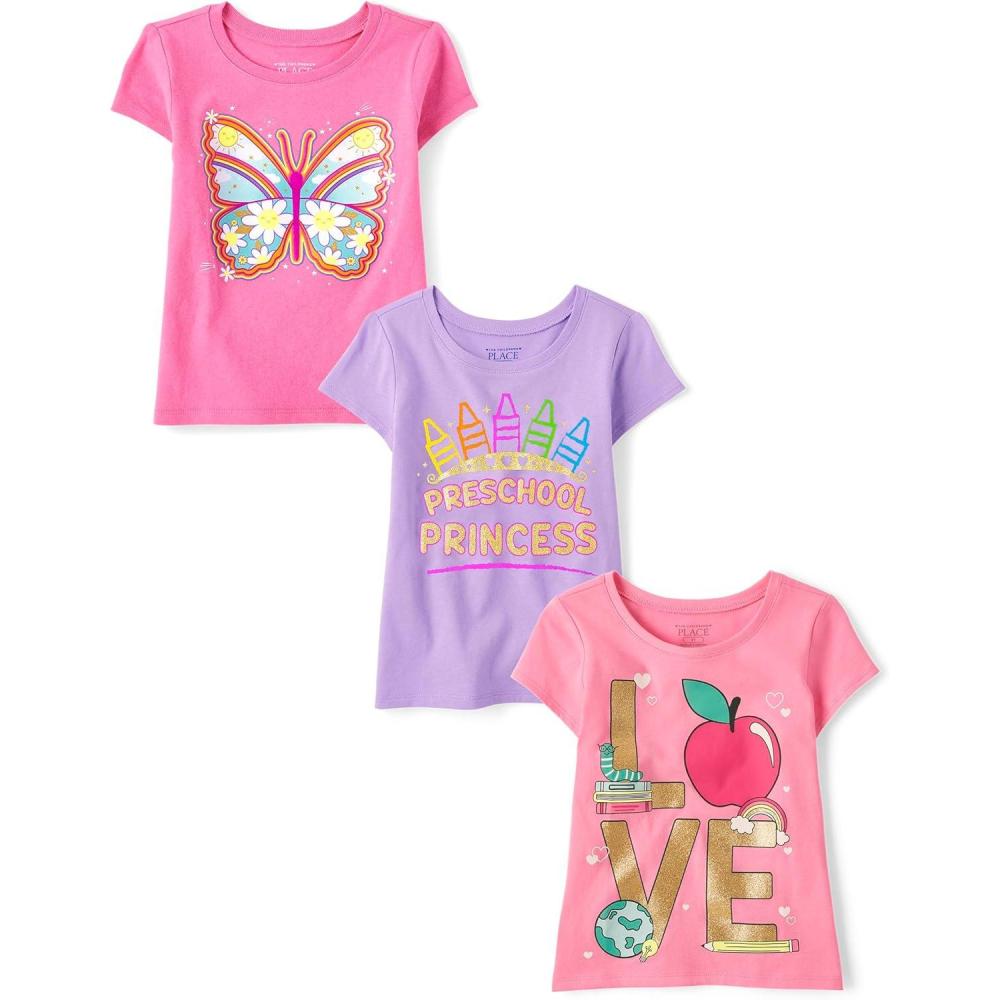 imageThe Childrens Place BabyGirls and Toddler SchoolLearning Short Sleeve Graphic TShirts3 PackButterflyPreschool PrincessLove