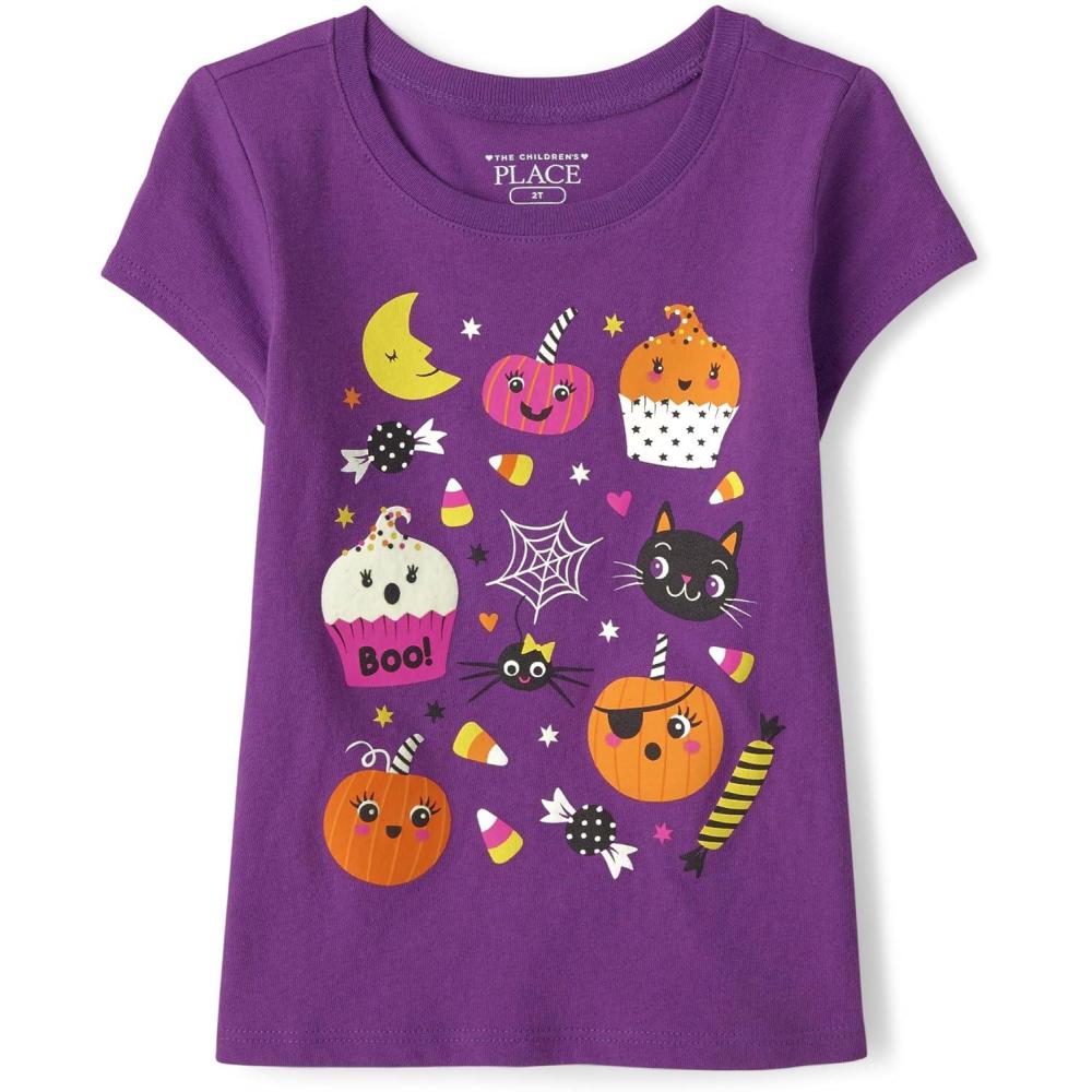imageThe Childrens Place BabyGirls and Toddler SchoolLearning Short Sleeve Graphic TShirts3 PackHalloween Doodle