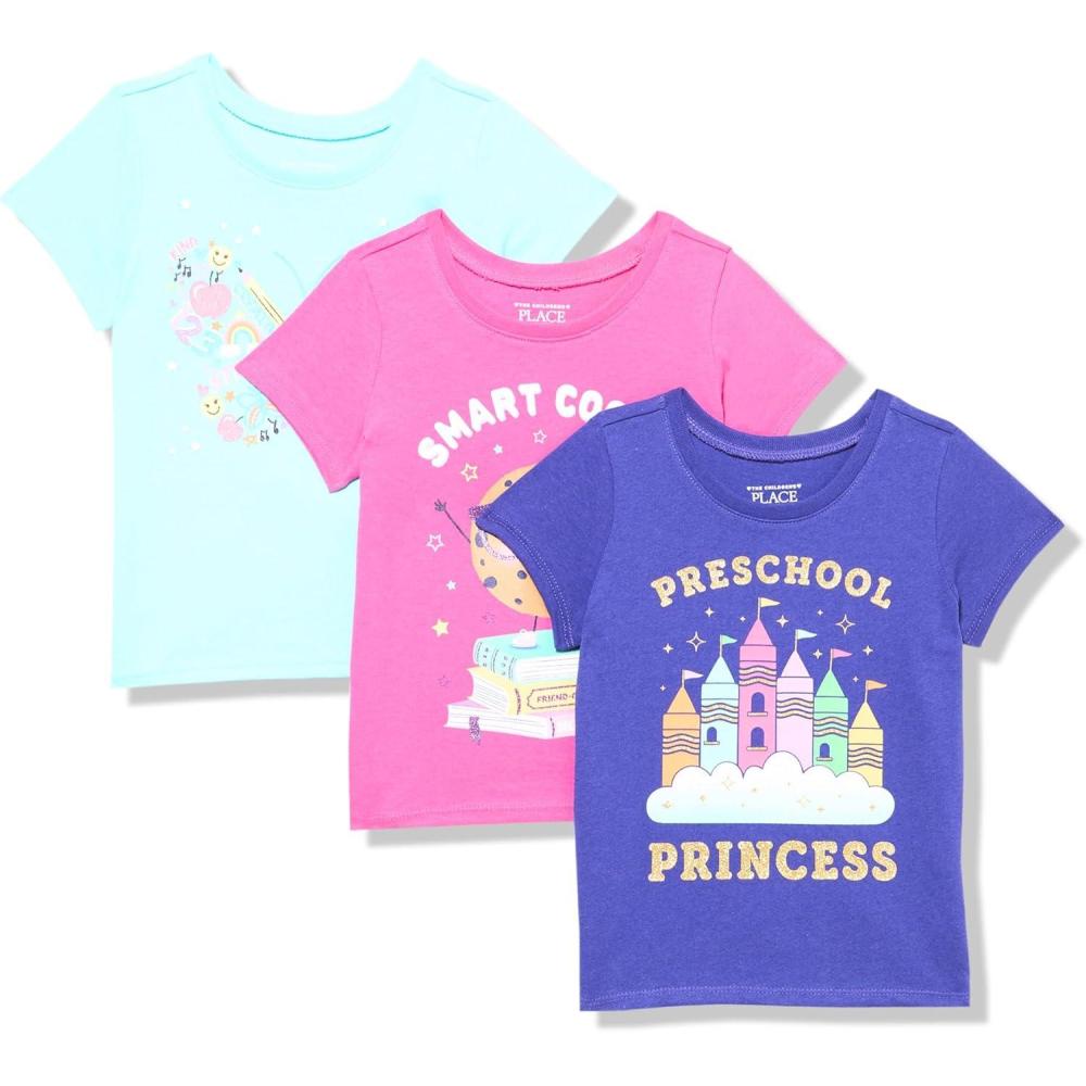 imageThe Childrens Place BabyGirls and Toddler SchoolLearning Short Sleeve Graphic TShirts3 PackPreschool Princess