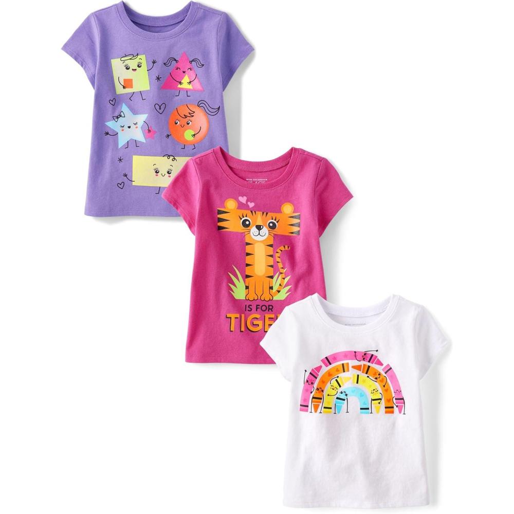 imageThe Childrens Place BabyGirls and Toddler SchoolLearning Short Sleeve Graphic TShirts3 PackTigerShape FriendsCrayon Rainbow