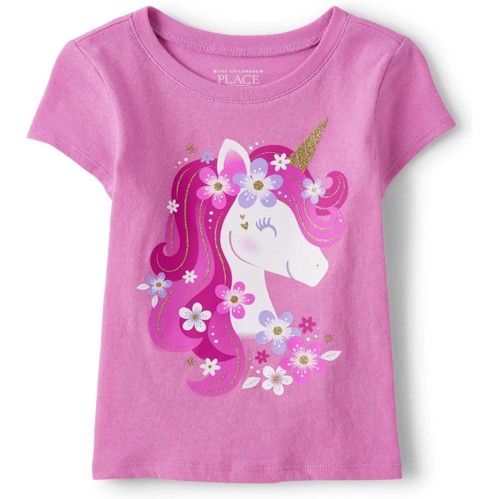 imageThe Childrens Place BabyGirls and Toddler SchoolLearning Short Sleeve Graphic TShirts3 PackUnicorn Face