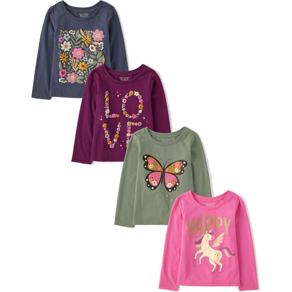 imageThe Childrens Place BabyGirls and Toddler UnicornsButterfliesTrends Long Sleeve Graphic TShirts4 PackButterflyFloral LoveHappyFloral
