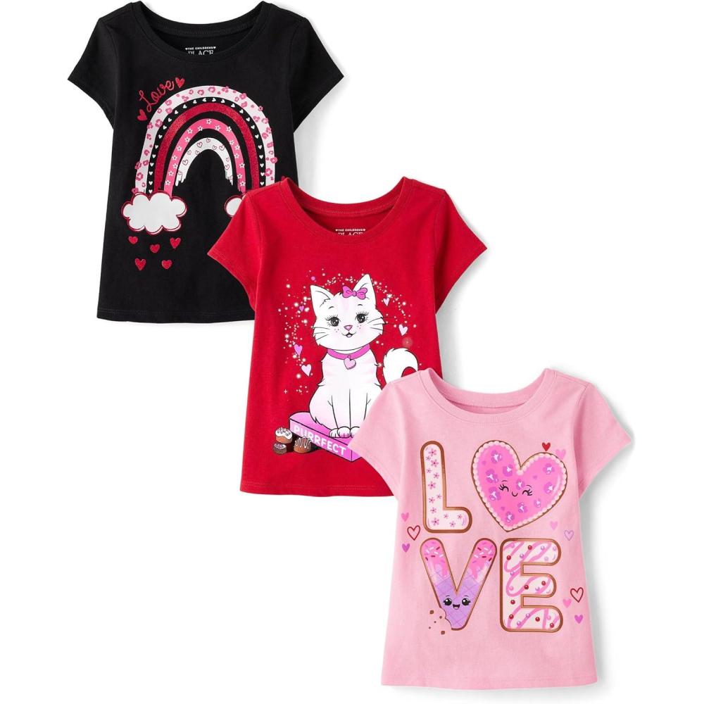 imageThe Childrens Place BabyGirls and Toddler UnicornsButterfliesTrends Short Sleeve Graphic TShirts3 PackCatRainbowLove