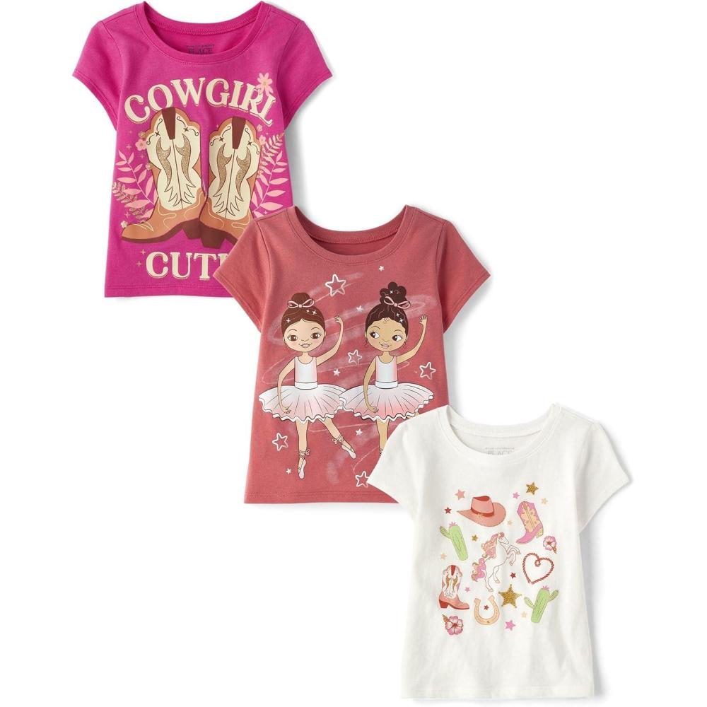 imageThe Childrens Place BabyGirls and Toddler UnicornsButterfliesTrends Short Sleeve Graphic TShirts3 PackCowgirl CutieBallerinasWestern